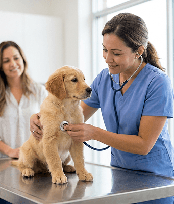 Veterinarian examining a golden retriever puppy