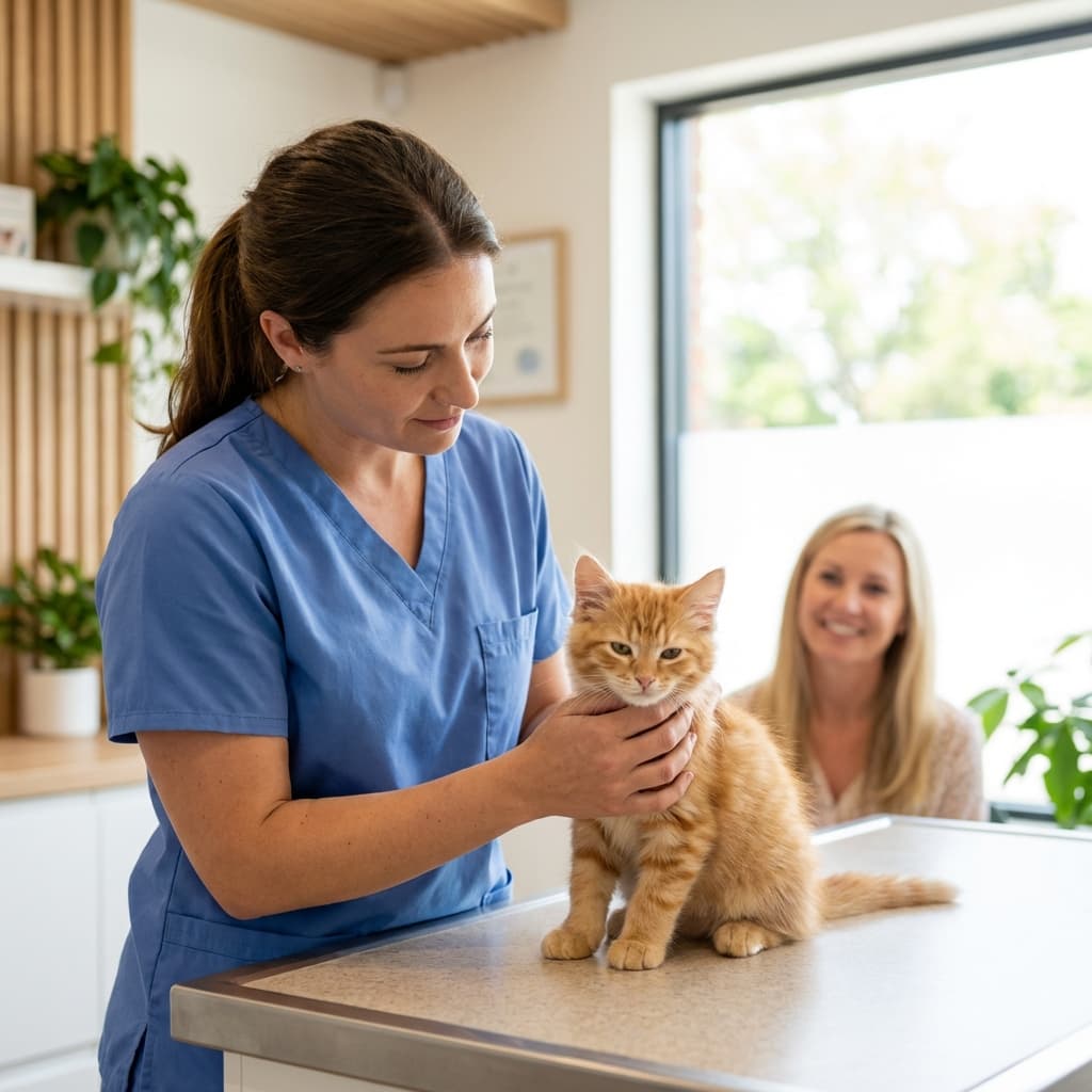 Veterinarian examining a golden retriever puppy